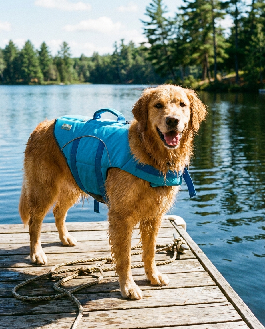 Golden retriever wearing FloatPaws life jacket on a lake dock