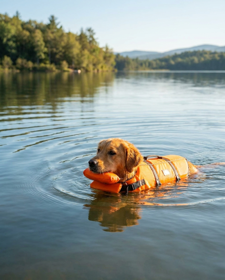 Dog swimming with head above water thanks to FloatPaws chin float
