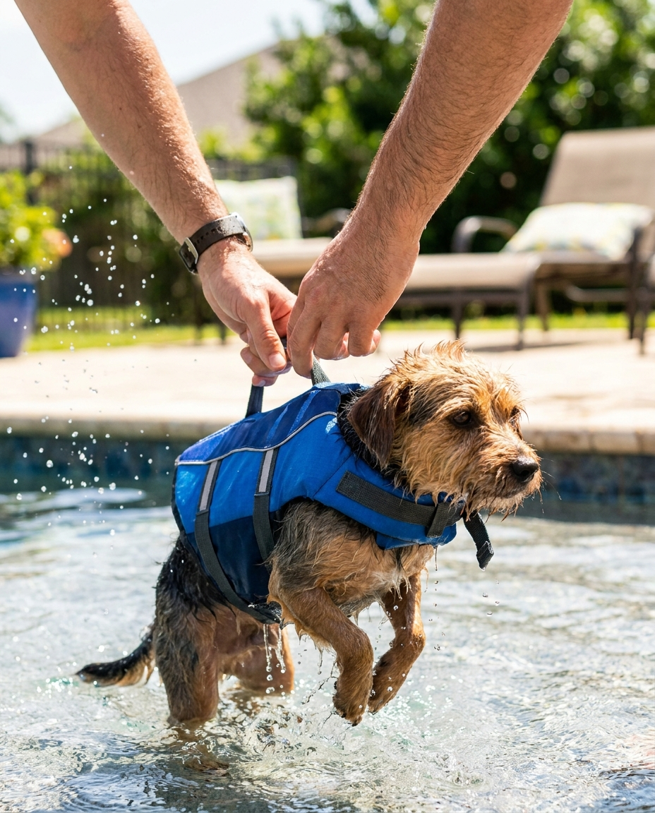 Lifting a dog out of the pool by the FloatPaws grab handle